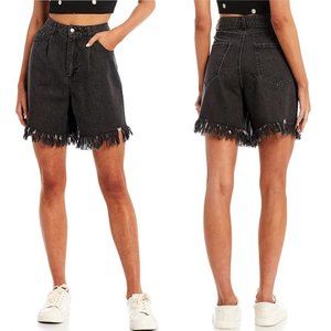 NWT GB Gianni Bini High Rise Wide Leg Distressed Raw Fringe Hem Shorts in Black